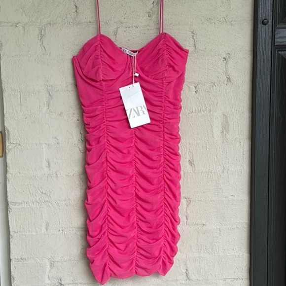 NWT Zara Pink Ruched Mesh Underwire Sweetheart Neck Bodycon Mini Dress Medium - Picture 12 of 12